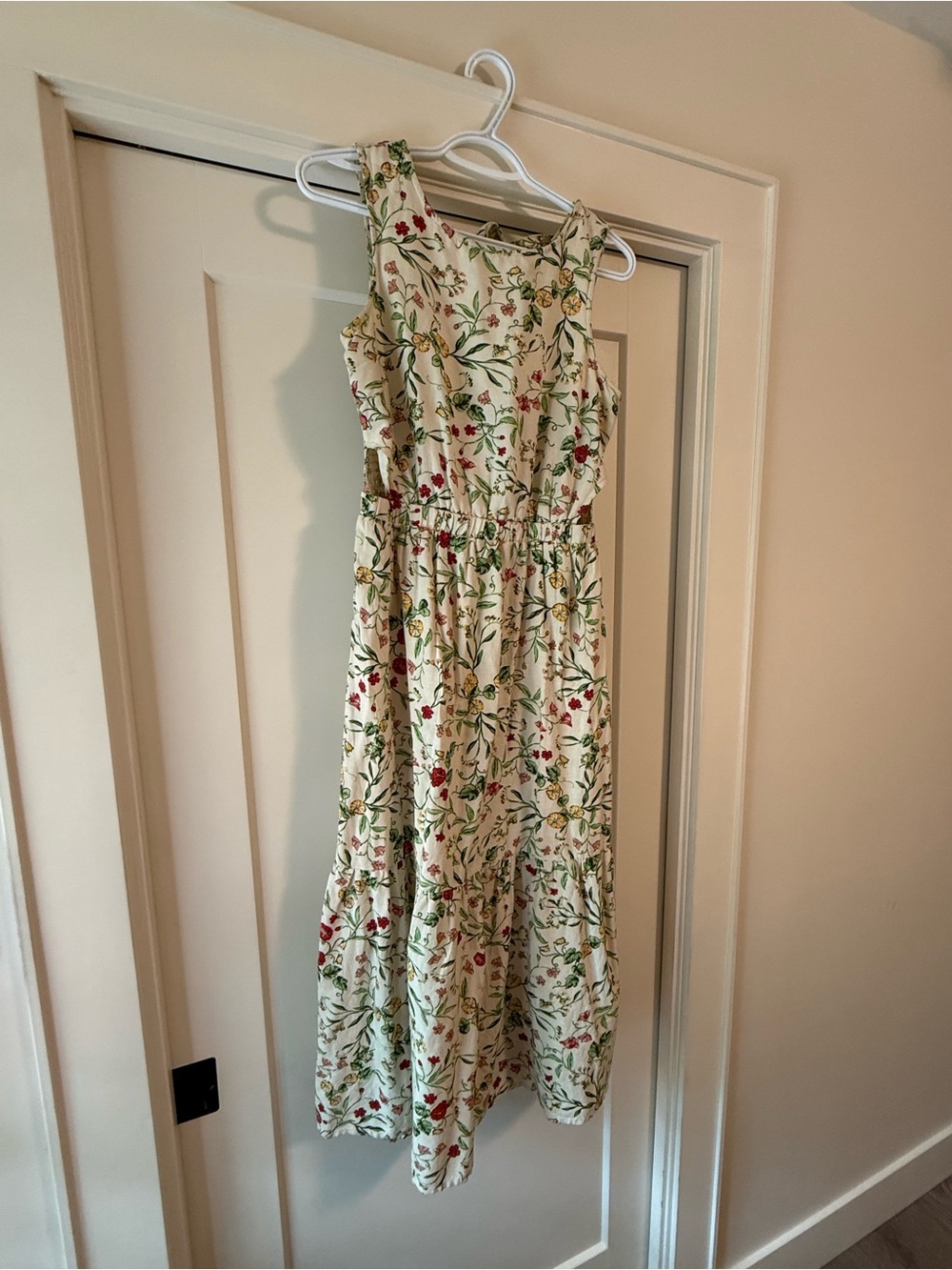 Japna Cream Floral Smocked Dress with Green and Pink Flower Print